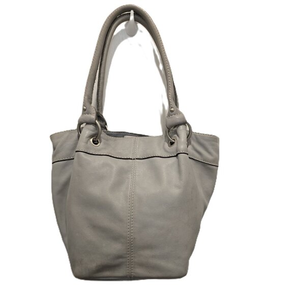 Tignanello Gray Leather Tote Bucket Bag With Striped Interior Double Handles - Picture 2 of 13